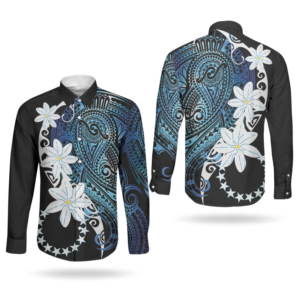 Cook Islands Maori Language Week Couples Matching Off The Shoulder Long Sleeve Dress and Long Sleeve Button Shirt Tiare Maori Kuki Airani Blue Pattern