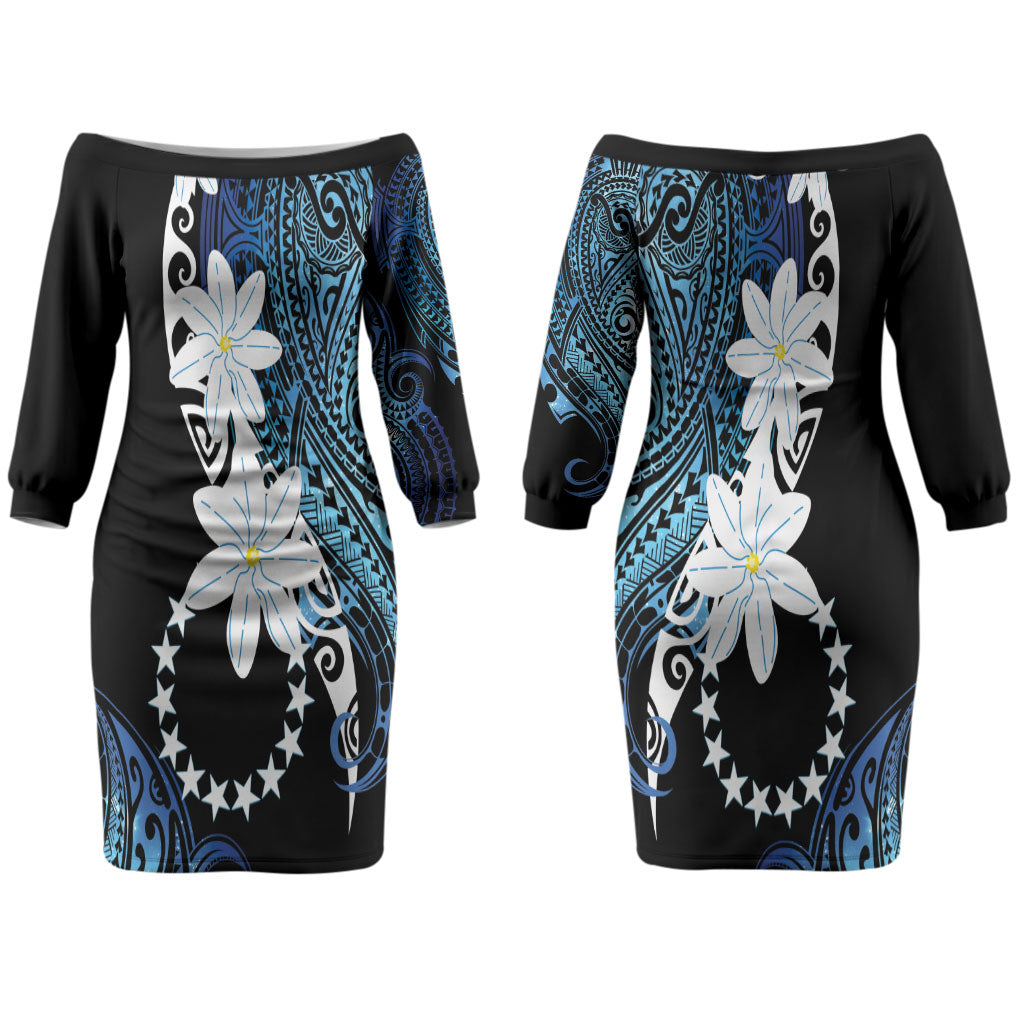 Cook Islands Maori Language Week Couples Matching Off The Shoulder Long Sleeve Dress and Long Sleeve Button Shirt Tiare Maori Kuki Airani Blue Pattern