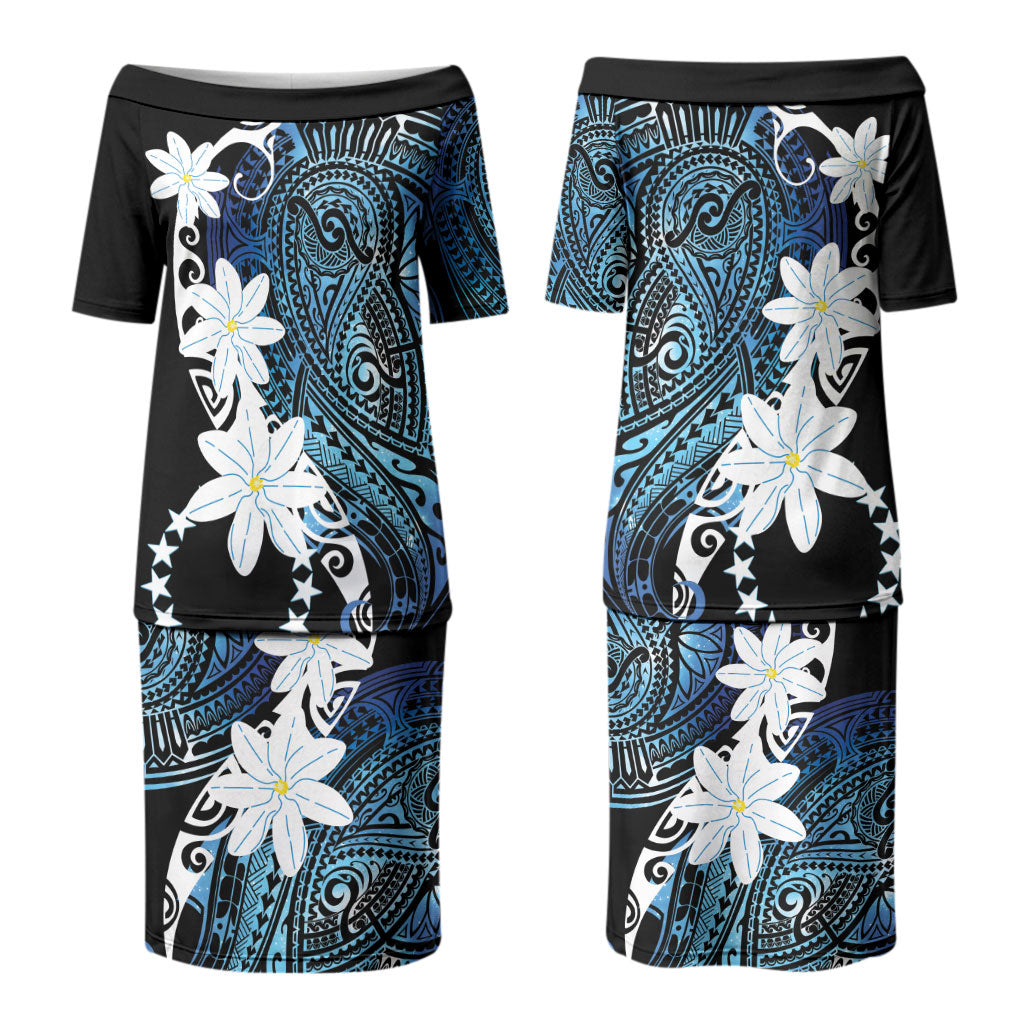 Cook Islands Maori Language Week Couples Matching Puletasi and Hawaiian Shirt Tiare Maori Kuki Airani Blue Pattern