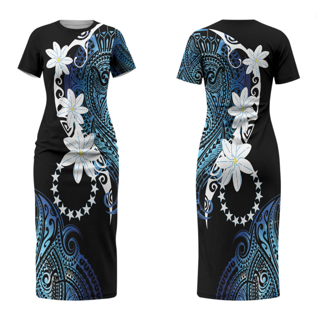 Cook Islands Maori Language Week Couples Matching Short Sleeve Bodycon Dress and Long Sleeve Button Shirt Tiare Maori Kuki Airani Blue Pattern