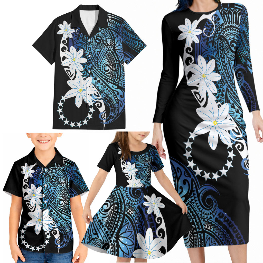 Cook Islands Maori Language Week Family Matching Long Sleeve Bodycon Dress and Hawaiian Shirt Tiare Maori Kuki Airani Blue Pattern LT22 - Polynesian Pride