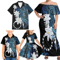 Cook Islands Maori Language Week Family Matching Off Shoulder Maxi Dress and Hawaiian Shirt Tiare Maori Kuki Airani Blue Pattern