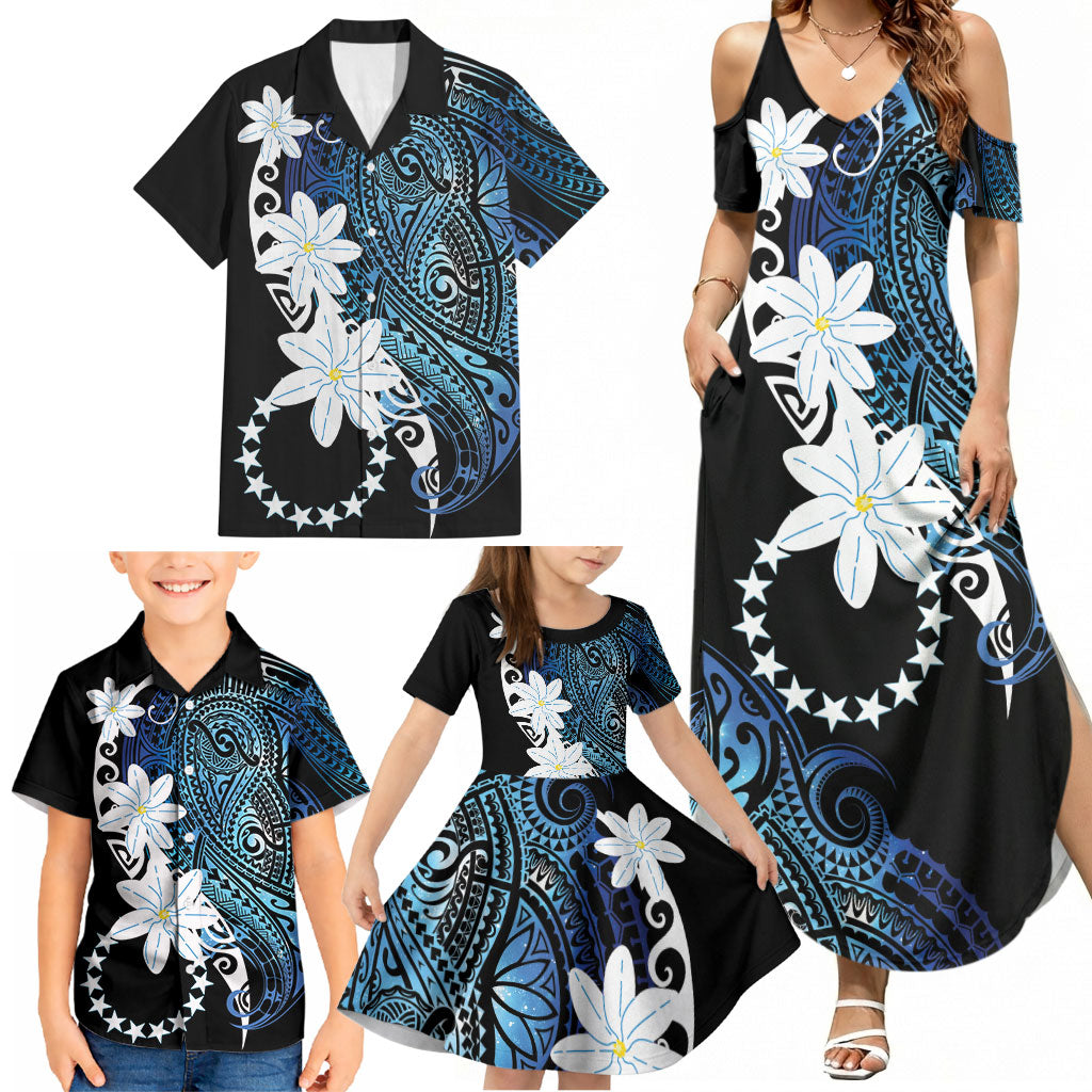 Cook Islands Maori Language Week Family Matching Summer Maxi Dress and Hawaiian Shirt Tiare Maori Kuki Airani Blue Pattern