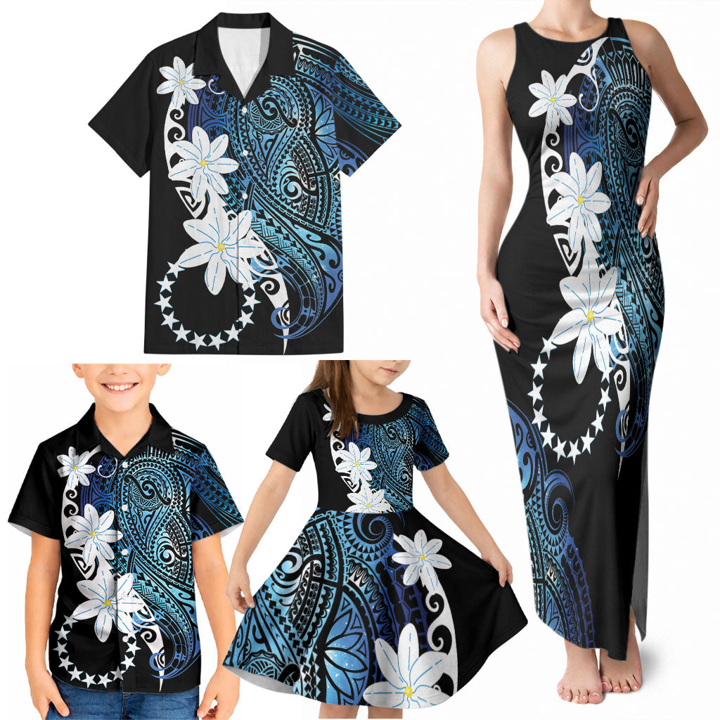 Cook Islands Maori Language Week Family Matching Tank Maxi Dress and Hawaiian Shirt Tiare Maori Kuki Airani Blue Pattern LT22 - Polynesian Pride