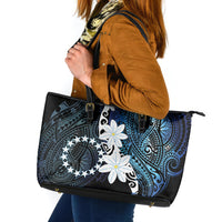 Cook Islands Maori Language Week Leather Tote Bag Tiare Maori Kuki Airani Blue Pattern