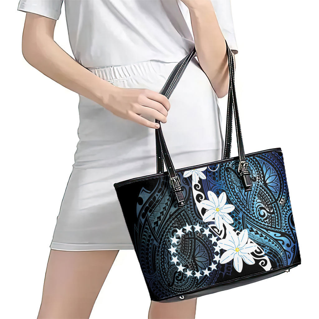 Cook Islands Maori Language Week Leather Tote Bag Tiare Maori Kuki Airani Blue Pattern