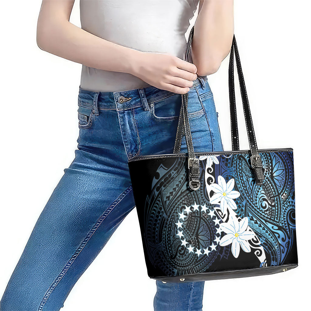 Cook Islands Maori Language Week Leather Tote Bag Tiare Maori Kuki Airani Blue Pattern
