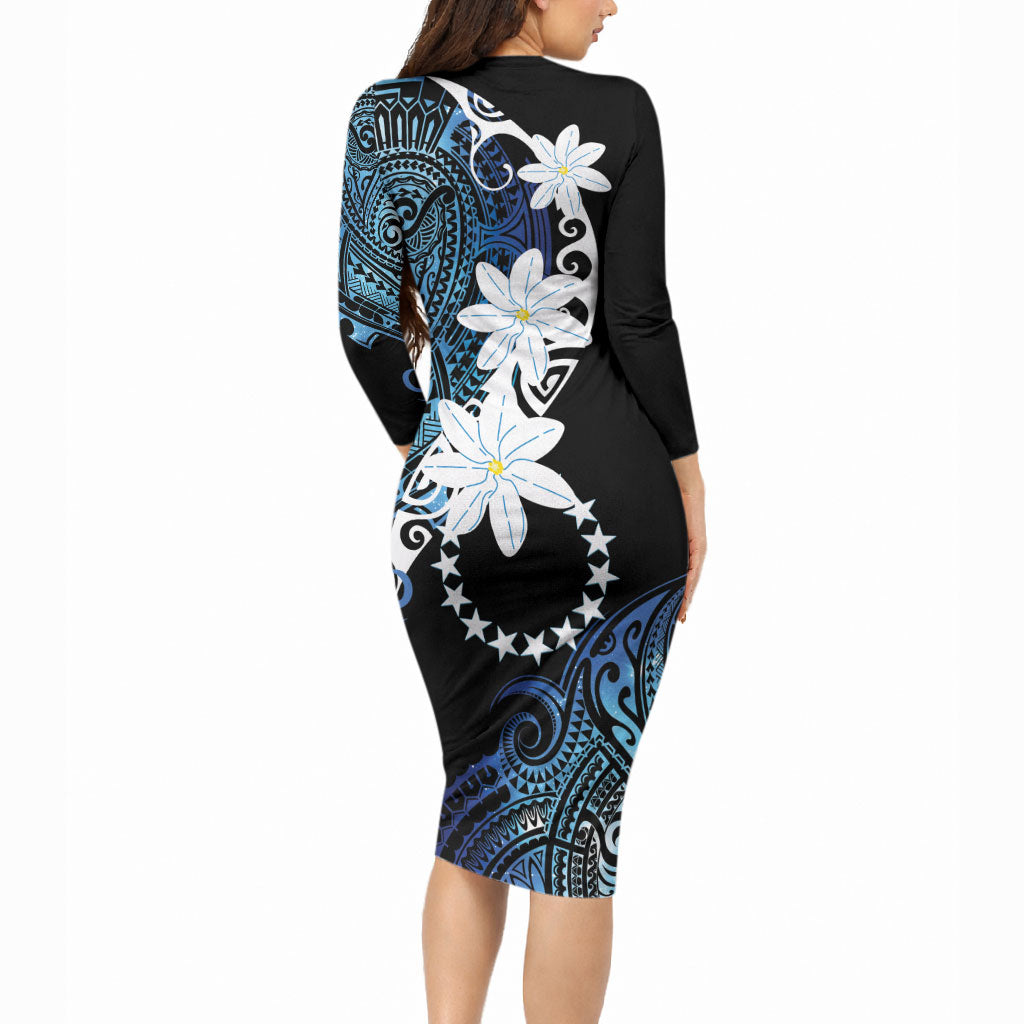 Cook Islands Maori Language Week Long Sleeve Bodycon Dress Tiare Maori Kuki Airani Blue Pattern