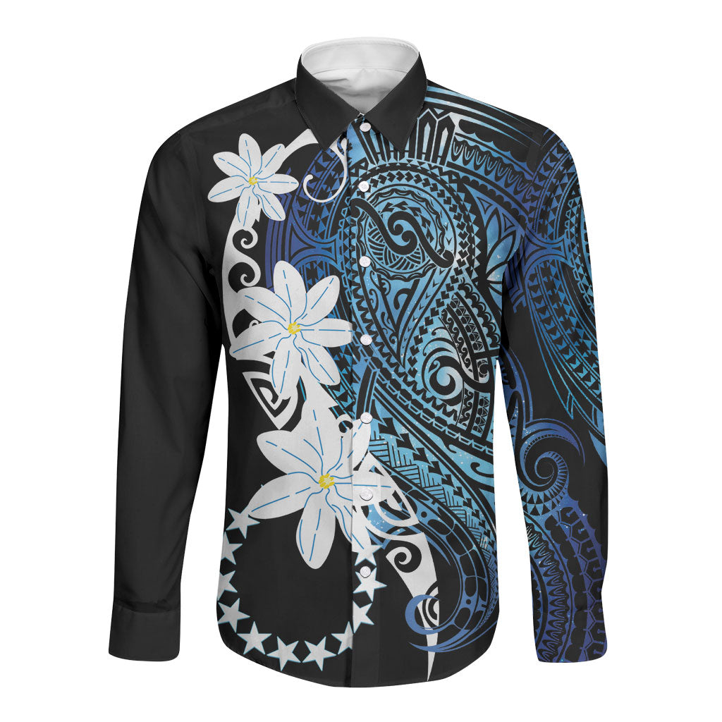 Cook Islands Maori Language Week Long Sleeve Button Shirt Tiare Maori Kuki Airani Blue Pattern