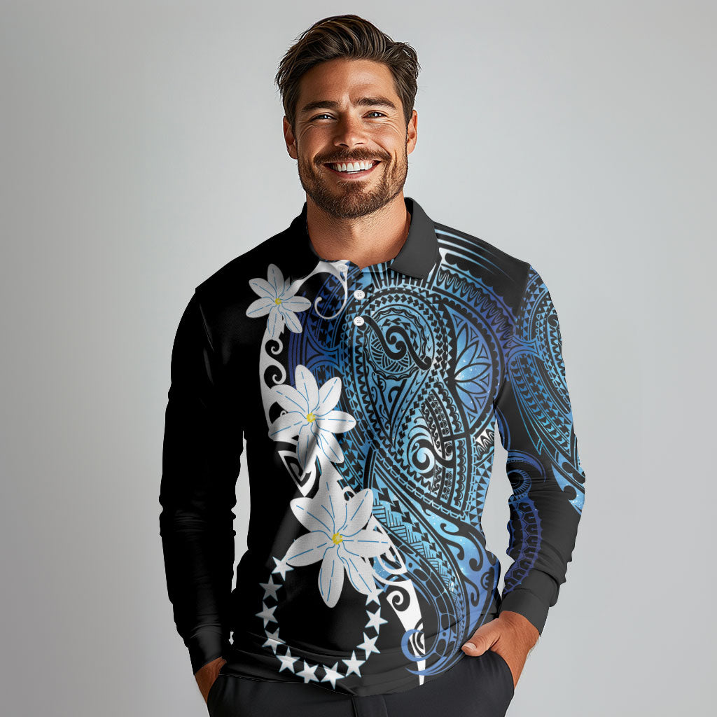 Cook Islands Maori Language Week Long Sleeve Polo Shirt Tiare Maori Kuki Airani Blue Pattern