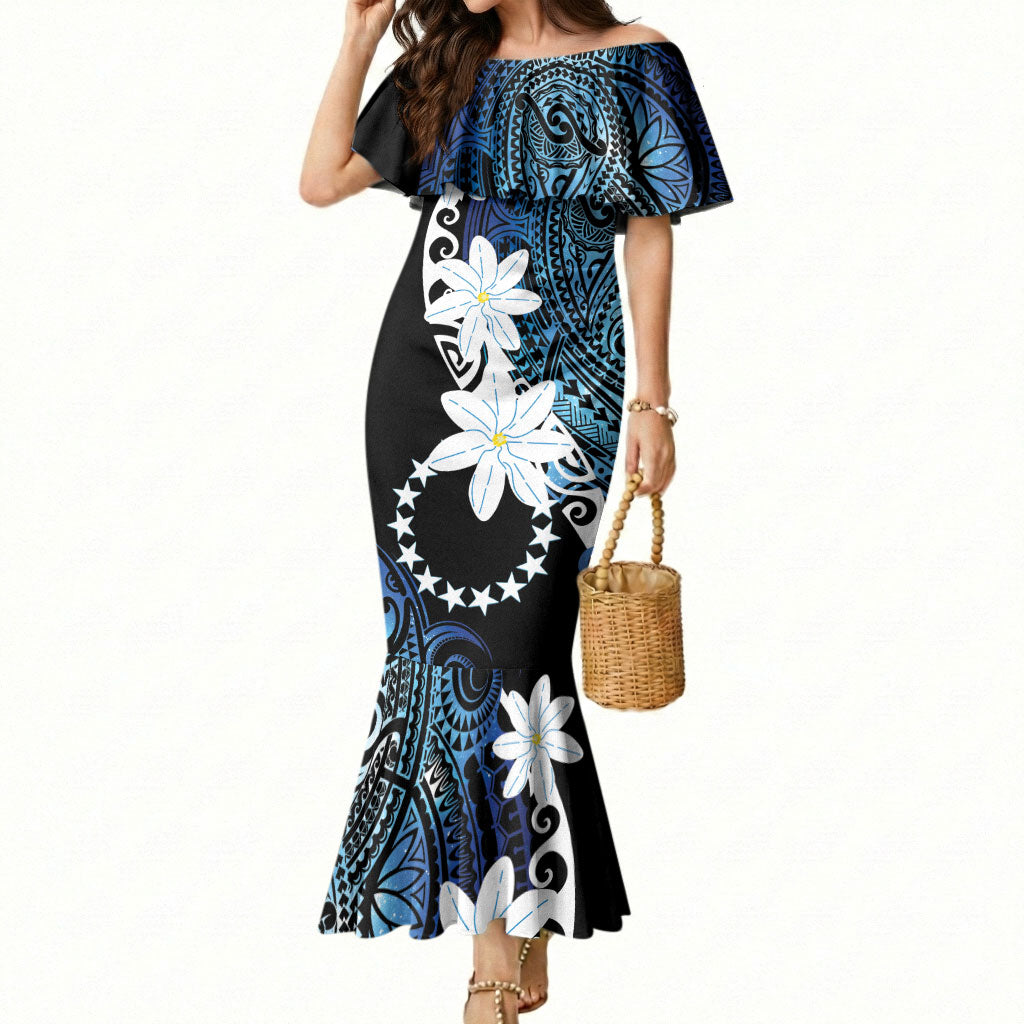 Cook Islands Maori Language Week Mermaid Dress Tiare Maori Kuki Airani Blue Pattern