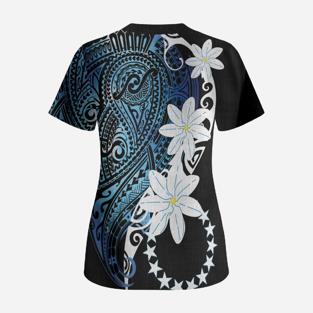 Cook Islands Maori Language Week Scrub Top Tiare Maori Kuki Airani Blue Pattern