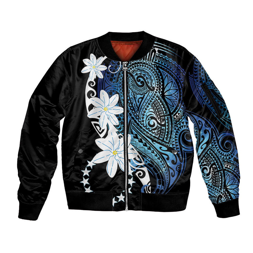 Cook Islands Maori Language Week Sleeve Zip Bomber Jacket Tiare Maori Kuki Airani Blue Pattern