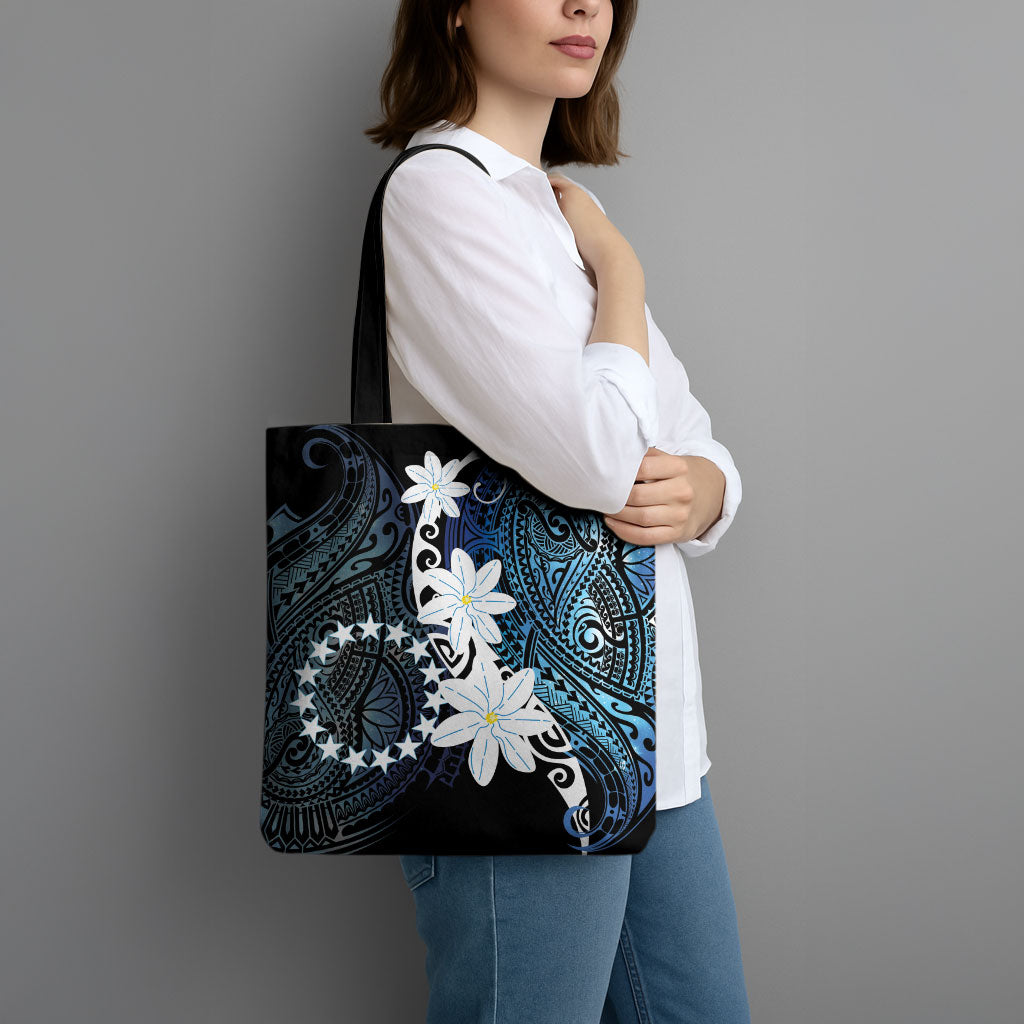 Cook Islands Maori Language Week Tote Bag Tiare Maori Kuki Airani Blue Pattern