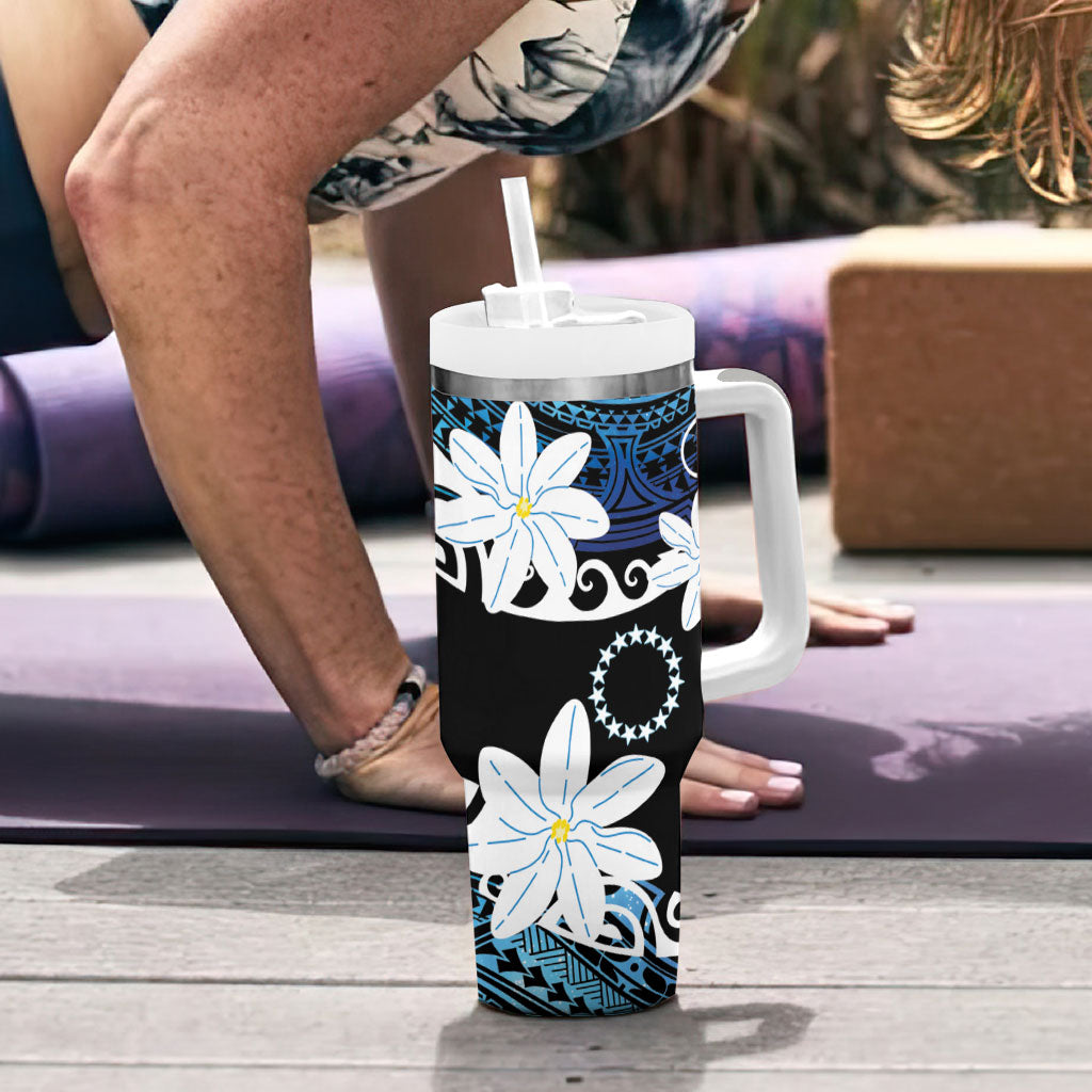Cook Islands Maori Language Week Tumbler With Handle Tiare Maori Kuki Airani Blue Pattern