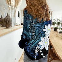 Cook Islands Maori Language Week Women Casual Shirt Tiare Maori Kuki Airani Blue Pattern