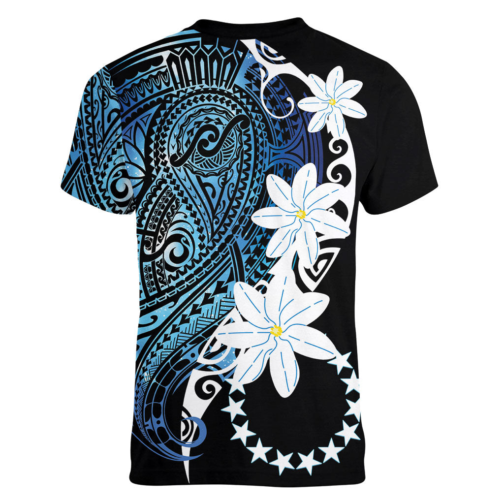 Cook Islands Maori Language Week Women V-Neck T-Shirt Tiare Maori Kuki Airani Blue Pattern