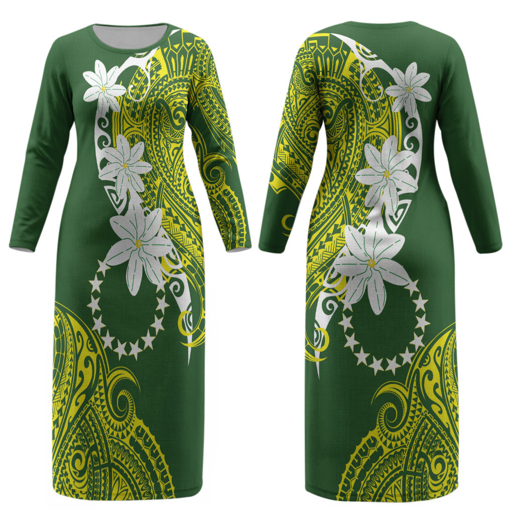 Cook Islands Maori Language Week Couples Matching Long Sleeve Bodycon Dress and Hawaiian Shirt Tiare Maori Kuki Airani Green Pattern