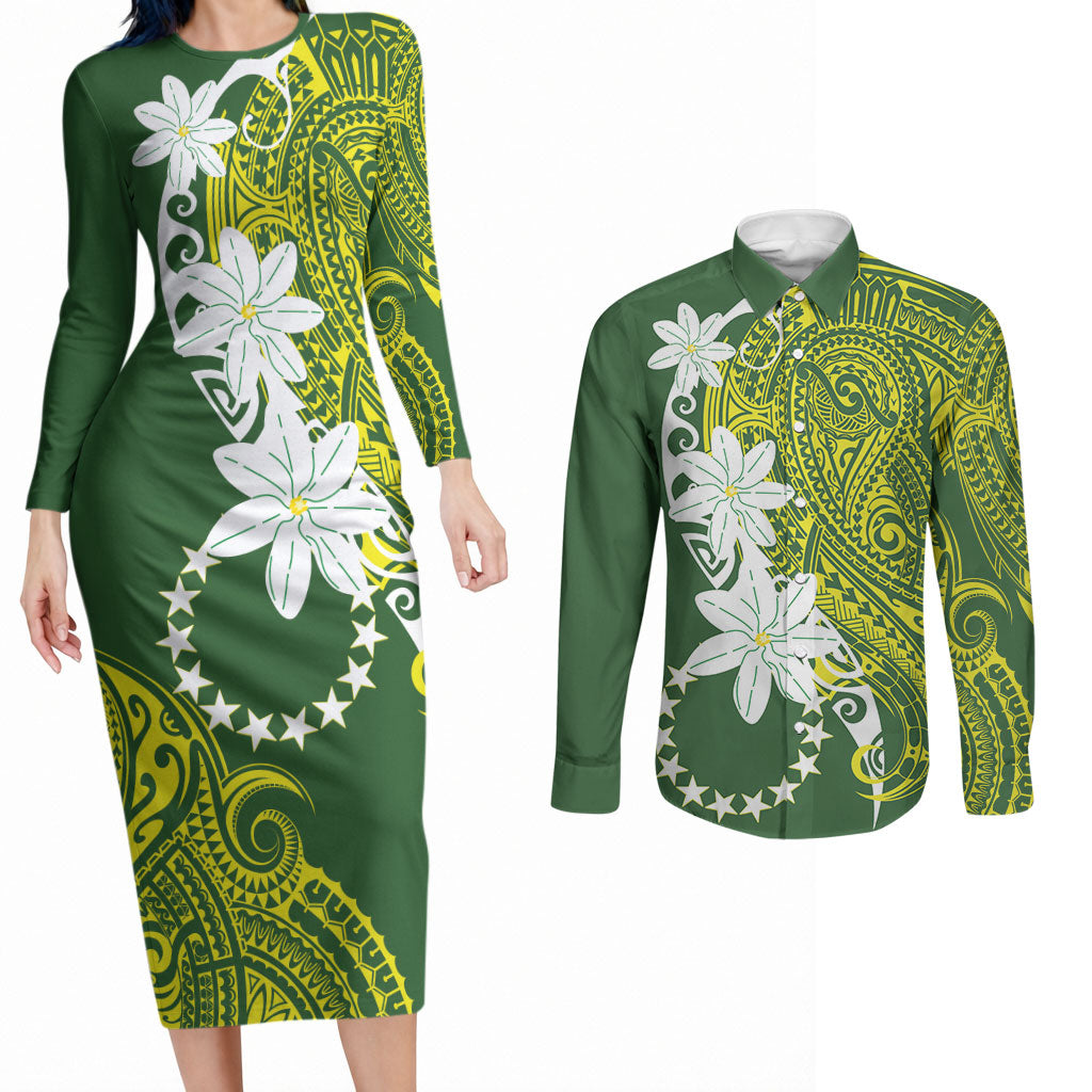 Cook Islands Maori Language Week Couples Matching Long Sleeve Bodycon Dress and Long Sleeve Button Shirt Tiare Maori Kuki Airani Green Pattern LT22 Green - Polynesian Pride