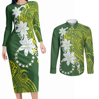 Cook Islands Maori Language Week Couples Matching Long Sleeve Bodycon Dress and Long Sleeve Button Shirt Tiare Maori Kuki Airani Green Pattern
