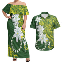 Cook Islands Maori Language Week Couples Matching Off Shoulder Maxi Dress and Hawaiian Shirt Tiare Maori Kuki Airani Green Pattern