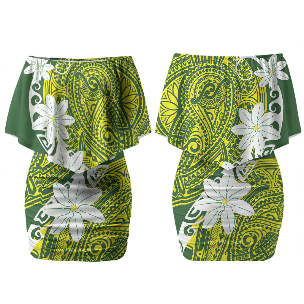 Cook Islands Maori Language Week Couples Matching Off Shoulder Short Dress and Long Sleeve Button Shirt Tiare Maori Kuki Airani Green Pattern
