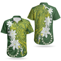Cook Islands Maori Language Week Couples Matching Off The Shoulder Long Sleeve Dress and Hawaiian Shirt Tiare Maori Kuki Airani Green Pattern
