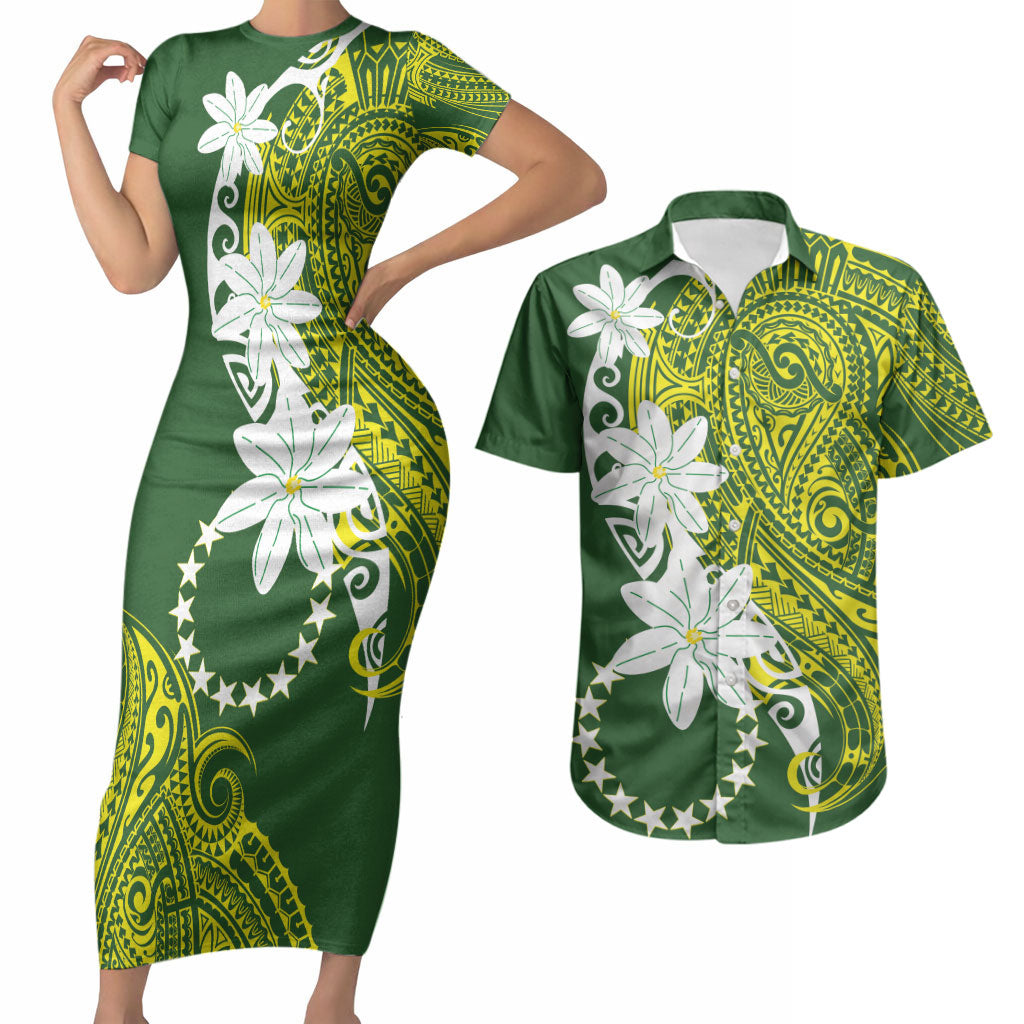 Cook Islands Maori Language Week Couples Matching Short Sleeve Bodycon Dress and Hawaiian Shirt Tiare Maori Kuki Airani Green Pattern