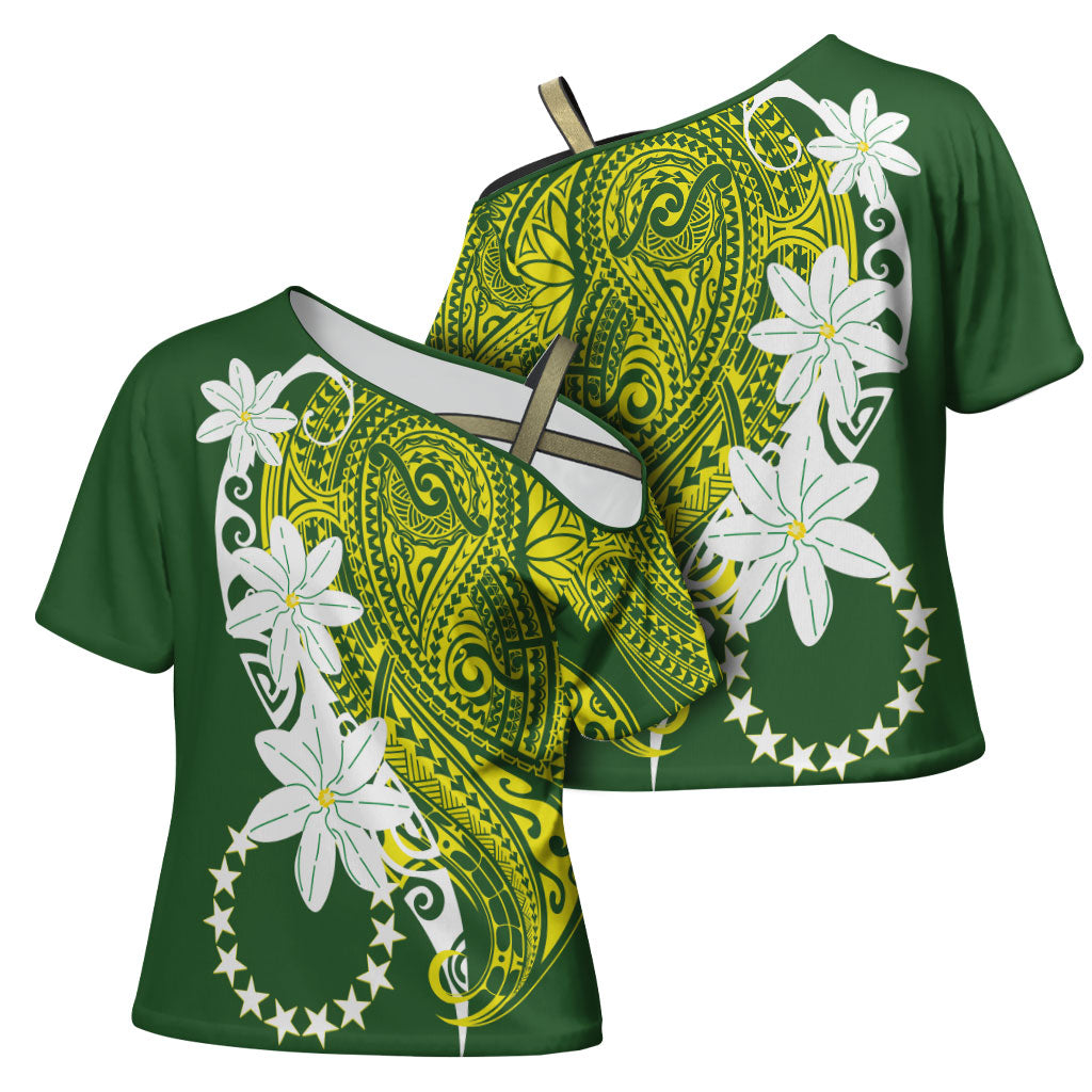 Cook Islands Maori Language Week Cross Shoulder Shirt Tiare Maori Kuki Airani Green Pattern