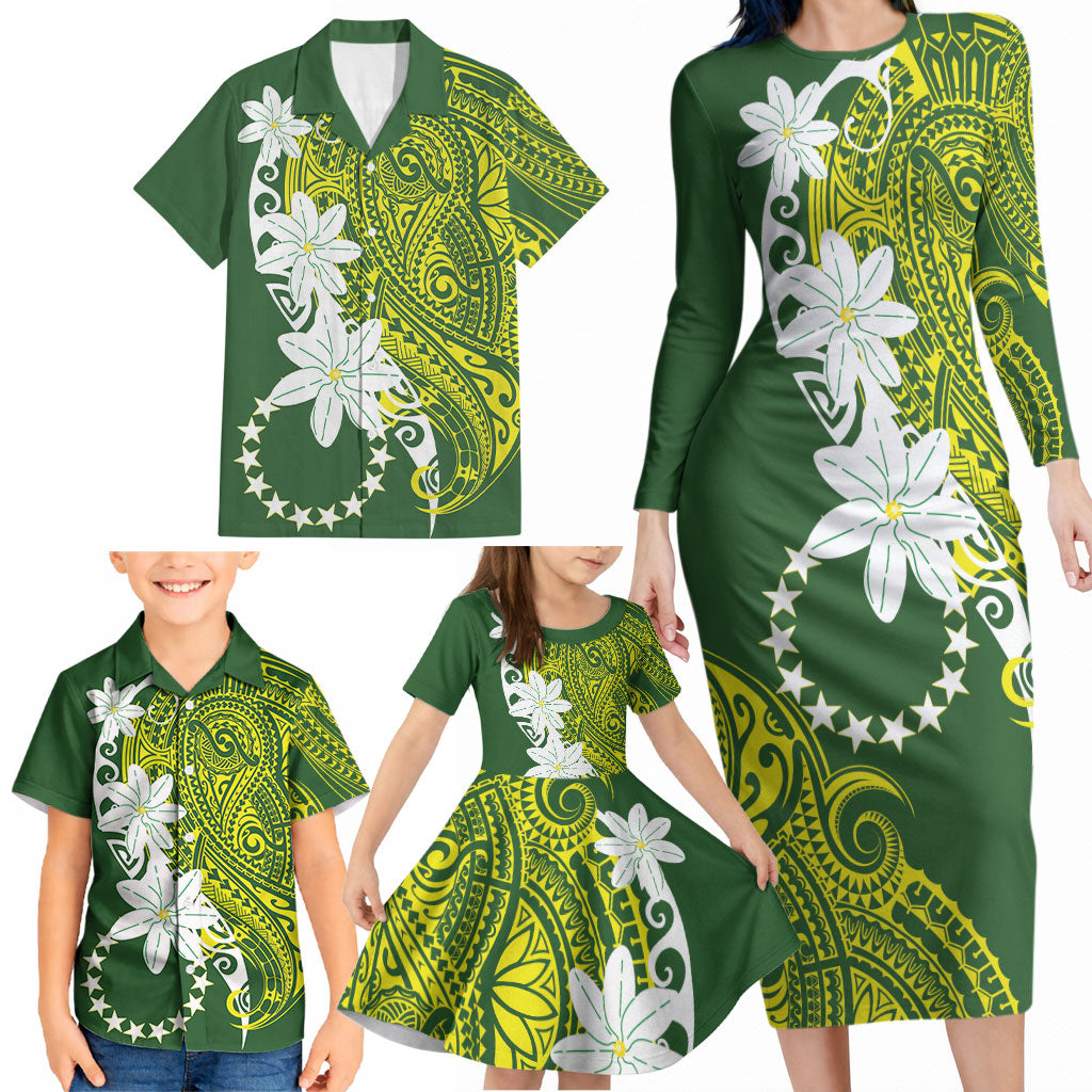 Cook Islands Maori Language Week Family Matching Long Sleeve Bodycon Dress and Hawaiian Shirt Tiare Maori Kuki Airani Green Pattern
