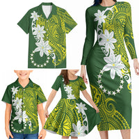 Cook Islands Maori Language Week Family Matching Long Sleeve Bodycon Dress and Hawaiian Shirt Tiare Maori Kuki Airani Green Pattern