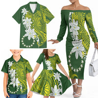 Cook Islands Maori Language Week Family Matching Off The Shoulder Long Sleeve Dress and Hawaiian Shirt Tiare Maori Kuki Airani Green Pattern