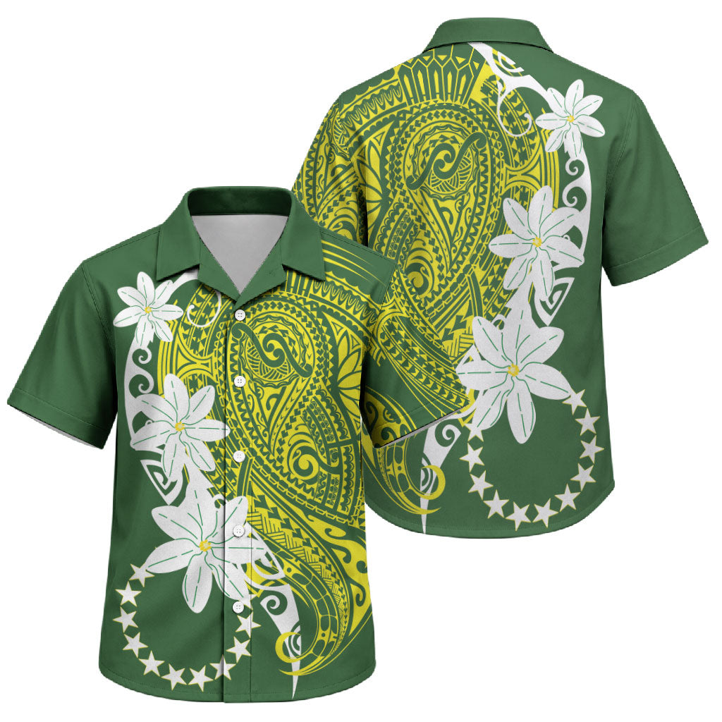 Cook Islands Maori Language Week Family Matching Off The Shoulder Long Sleeve Dress and Hawaiian Shirt Tiare Maori Kuki Airani Green Pattern