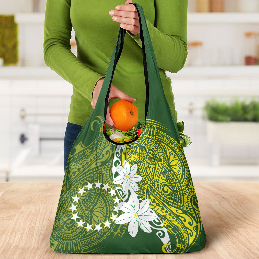 Cook Islands Maori Language Week Grocery Bag Tiare Maori Kuki Airani Green Pattern
