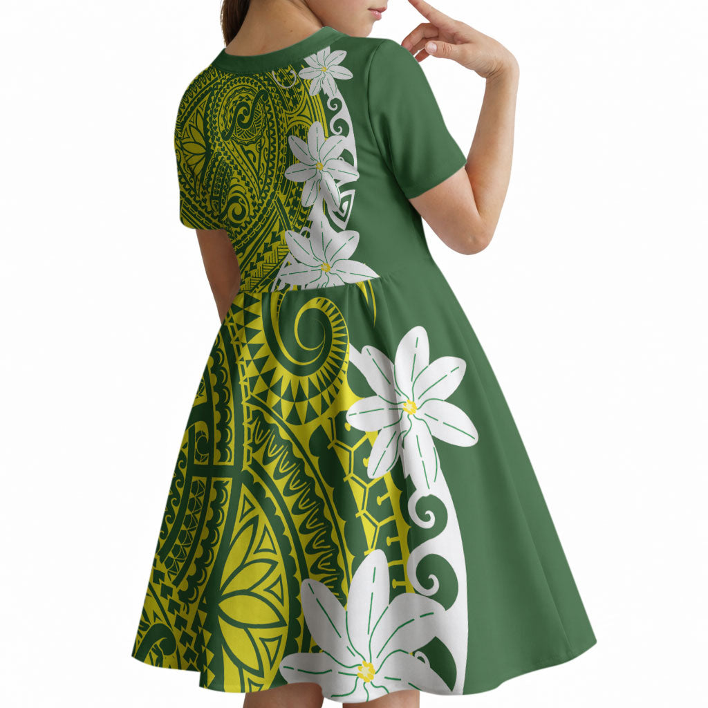 Cook Islands Maori Language Week Kid Short Sleeve Dress Tiare Maori Kuki Airani Green Pattern