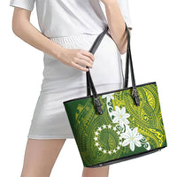 Cook Islands Maori Language Week Leather Tote Bag Tiare Maori Kuki Airani Green Pattern
