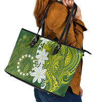 Cook Islands Maori Language Week Leather Tote Bag Tiare Maori Kuki Airani Green Pattern