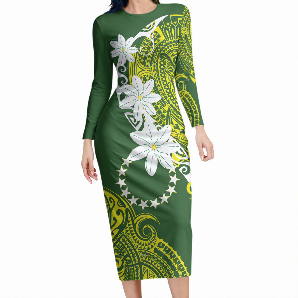 Cook Islands Maori Language Week Long Sleeve Bodycon Dress Tiare Maori Kuki Airani Green Pattern LT22 Long Dress Green - Polynesian Pride
