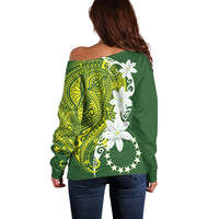 Cook Islands Maori Language Week Off Shoulder Sweater Tiare Maori Kuki Airani Green Pattern