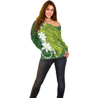 Cook Islands Maori Language Week Off Shoulder Sweater Tiare Maori Kuki Airani Green Pattern
