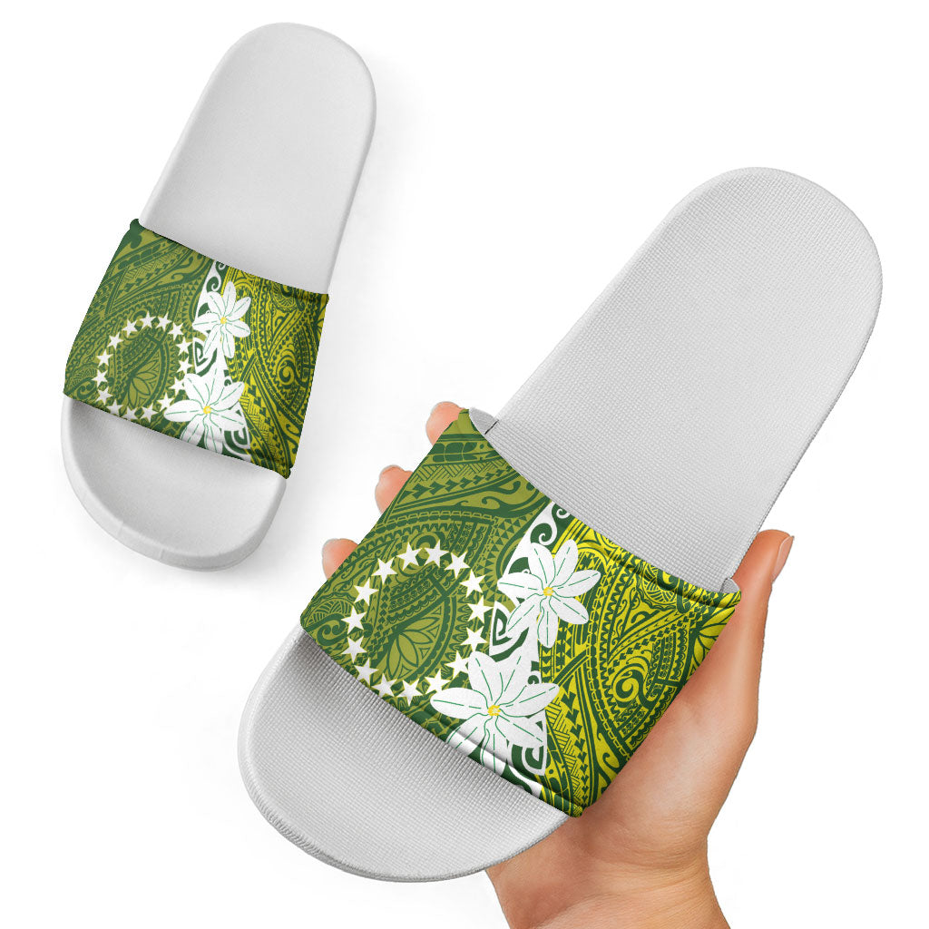 Cook Islands Maori Language Week Slide Sandals Tiare Maori Kuki Airani Green Pattern