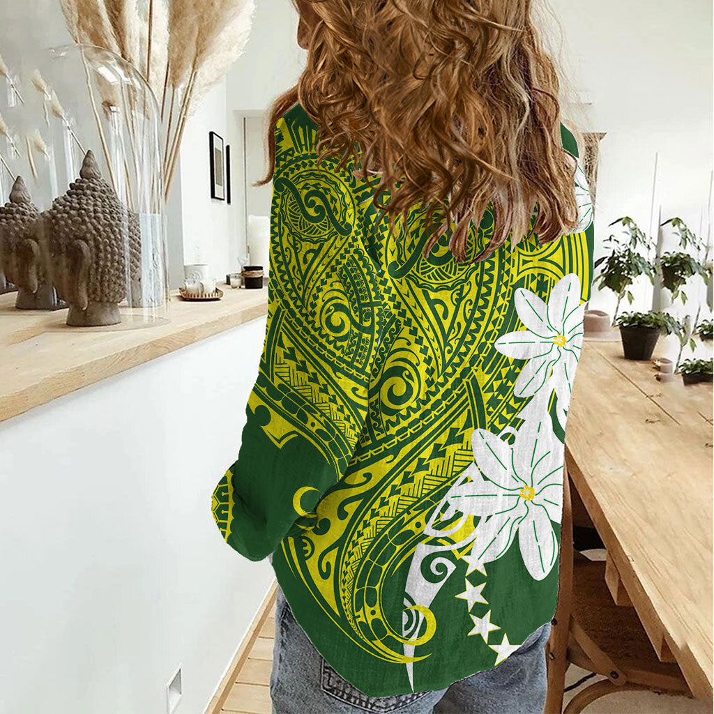 Cook Islands Maori Language Week Women Casual Shirt Tiare Maori Kuki Airani Green Pattern