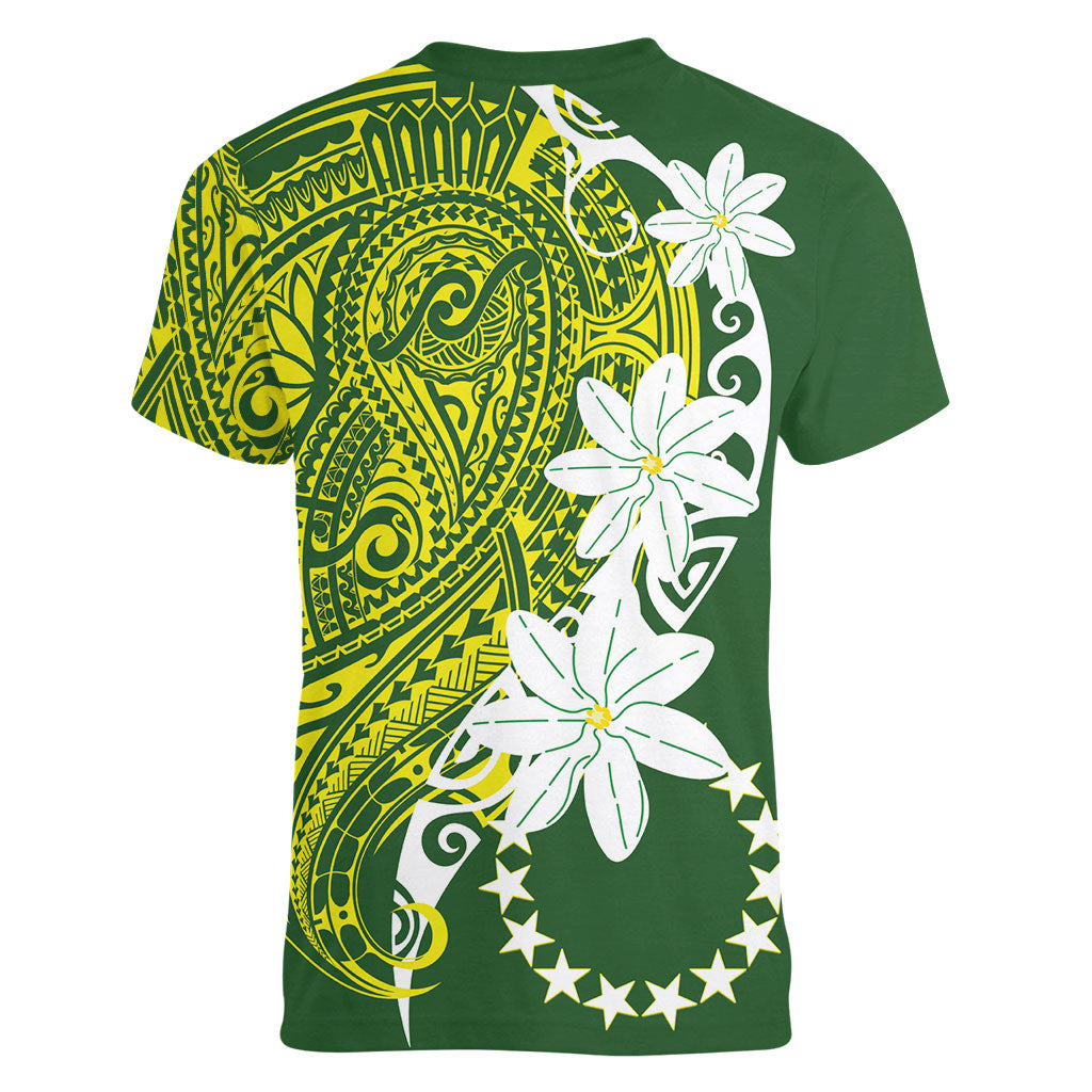 Cook Islands Maori Language Week Women V-Neck T-Shirt Tiare Maori Kuki Airani Green Pattern