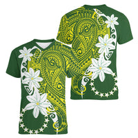 Cook Islands Maori Language Week Women V-Neck T-Shirt Tiare Maori Kuki Airani Green Pattern