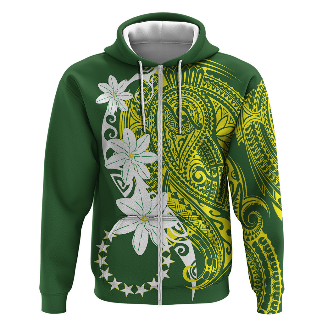 Cook Islands Maori Language Week Zip Hoodie Tiare Maori Kuki Airani Green Pattern