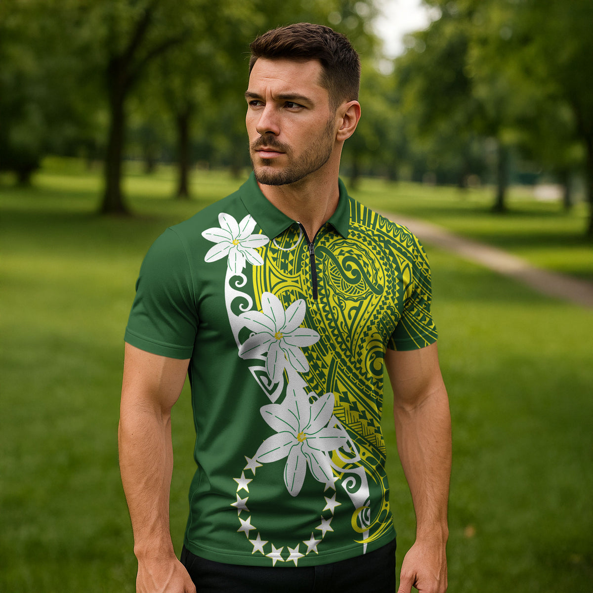 Cook Islands Maori Language Week Zipper Polo Shirt Tiare Maori Kuki Airani Green Pattern