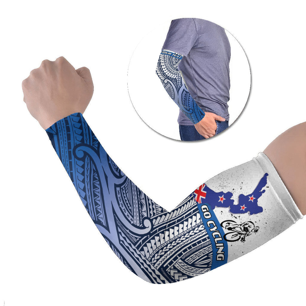 Personalised Cycling New Zealand Arm Sleeves Aotearoa Map Fern Maori Pattern