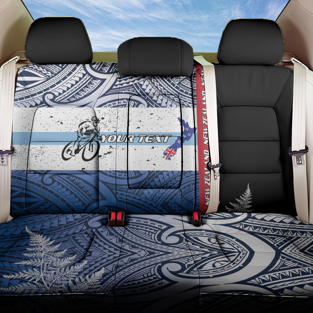 Personalised Cycling New Zealand Back Car Seat Cover Aotearoa Map Fern Maori Pattern