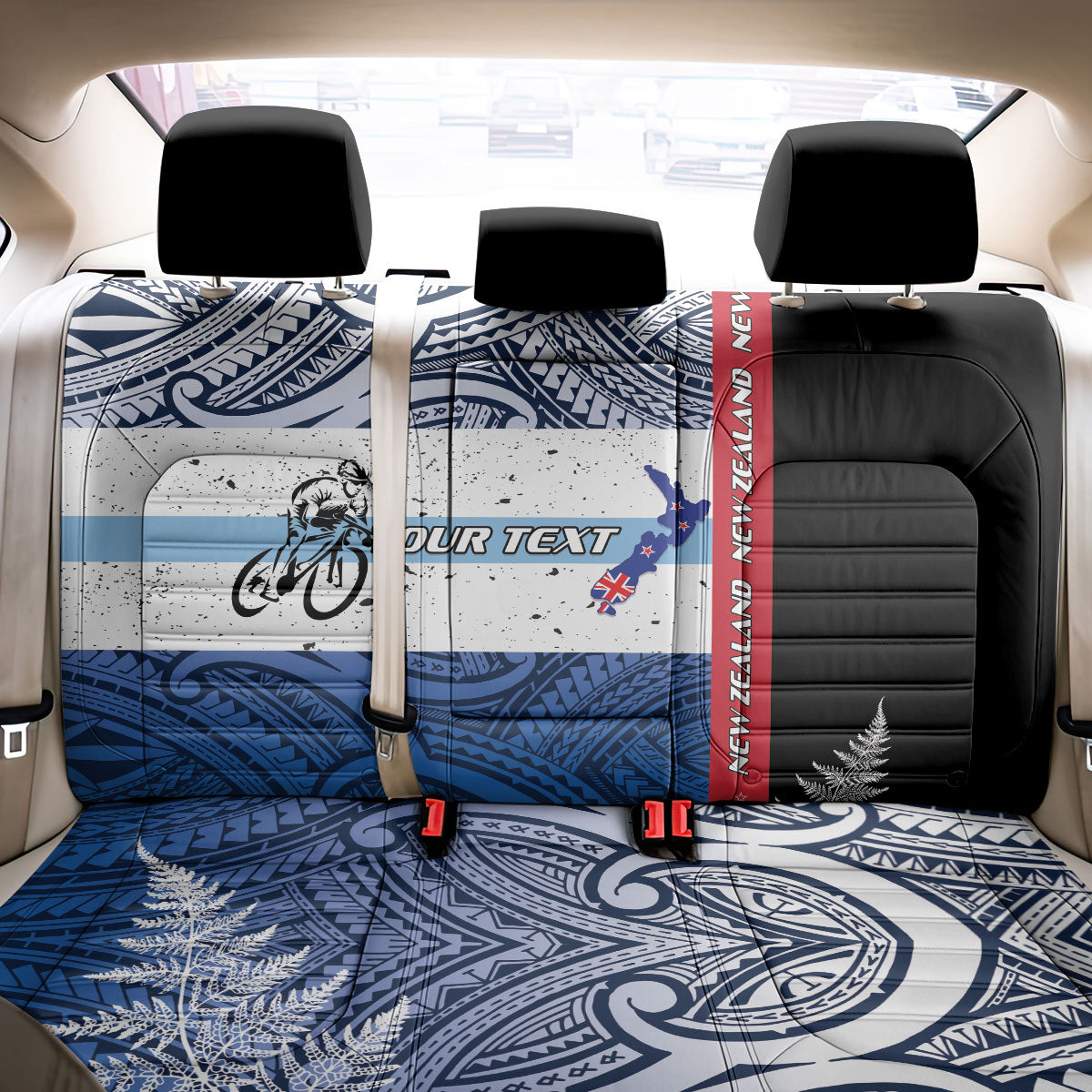 Personalised Cycling New Zealand Back Car Seat Cover Aotearoa Map Fern Maori Pattern