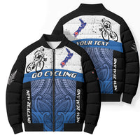 Personalised Cycling New Zealand Bomber Puffer Jacket Aotearoa Map Fern Maori Pattern